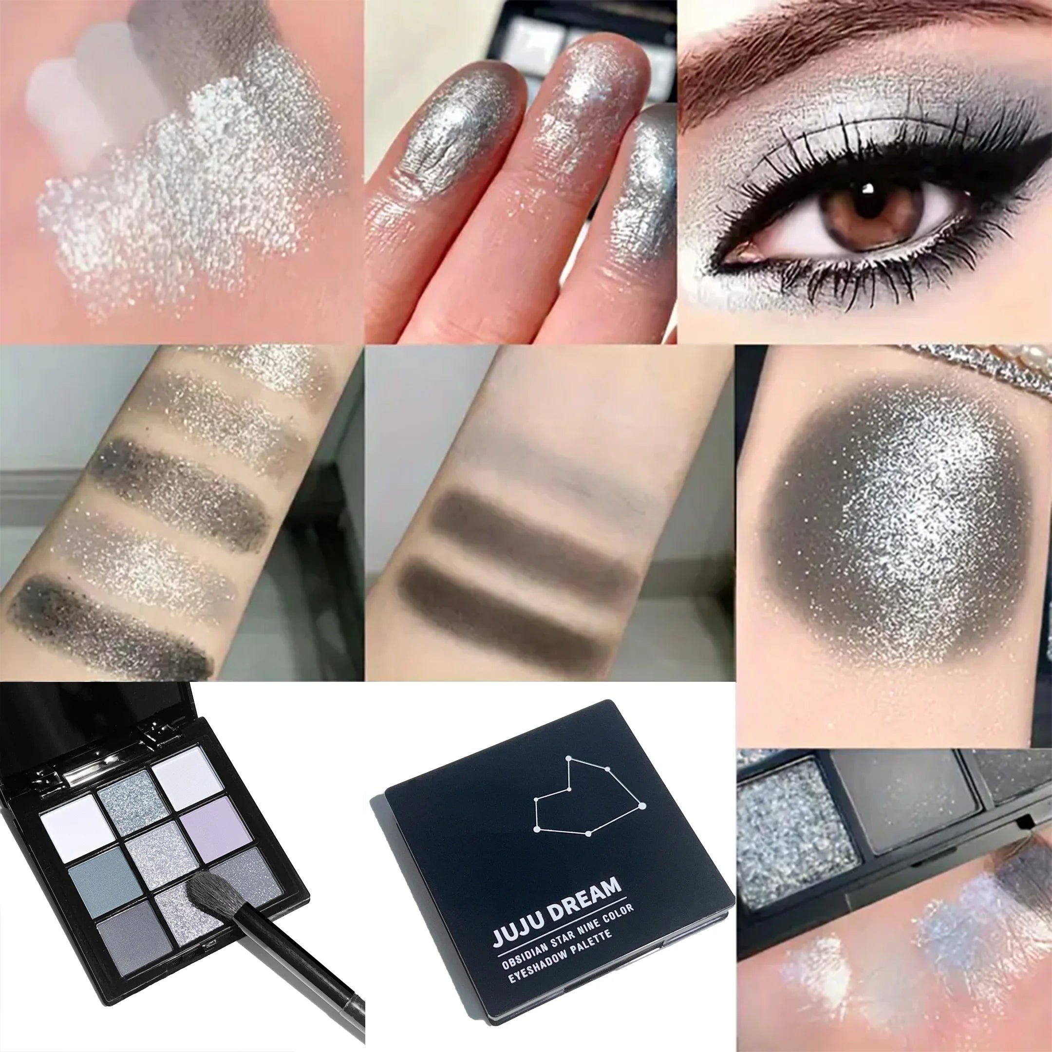 9-shade eyeshadow palette: Black Swan, Smoky, Dark Black, Grey Silver Glitter, Matte Finish, Long-lasting, and easy to color