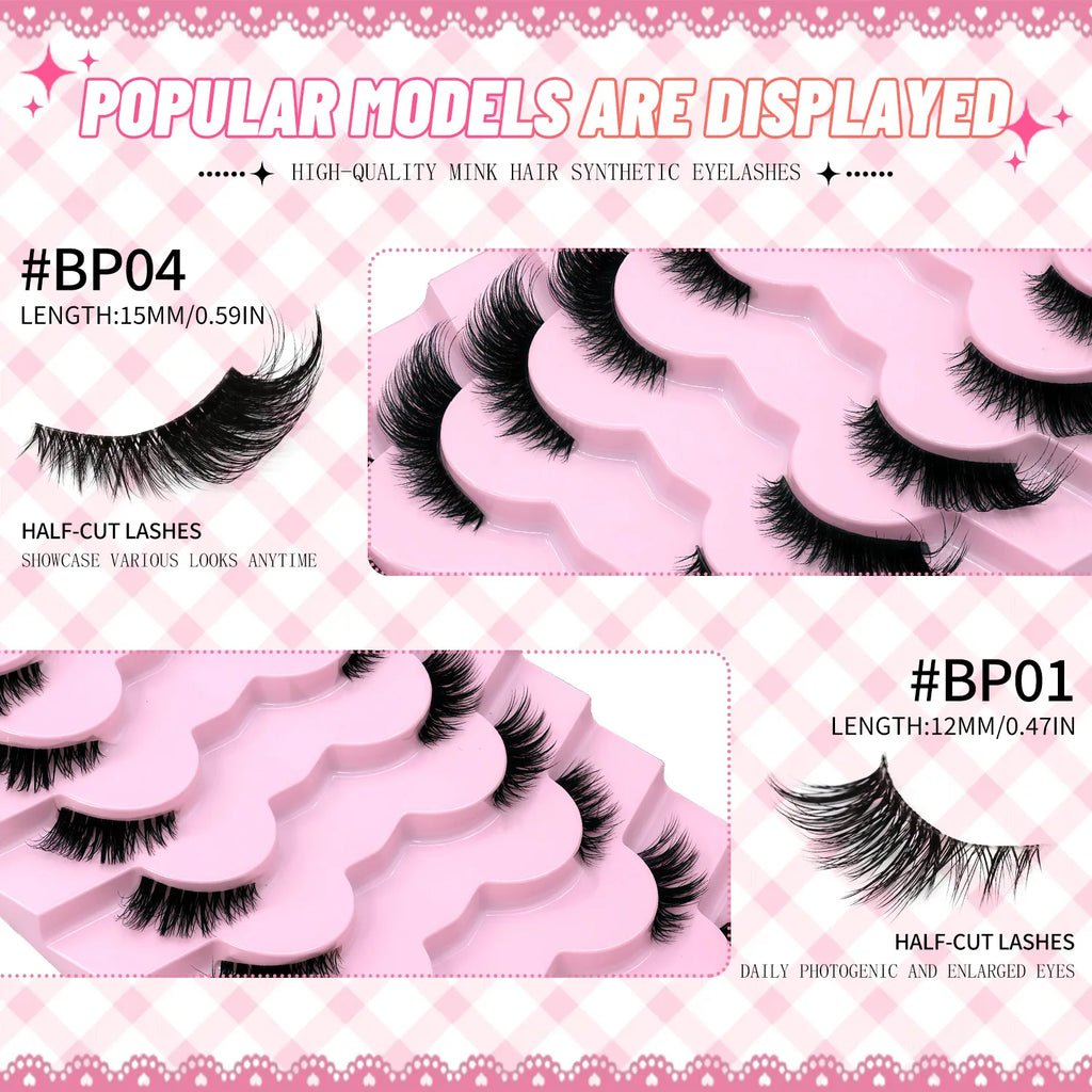 GROINNEYA Half Lashes Natural Fake Lashes Wispy Cat Eye Lashes Clear Band Accent Short False Eyelashes Make up