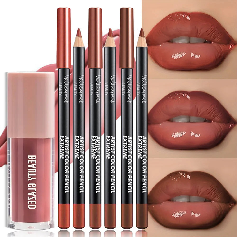 4 PCS/SET Lip Gloss Lip Oil Lip Liner Lip Combo Set  Long Lasting Waterproof Lip Liner 3D Lip Makeup Every Makeup Style
