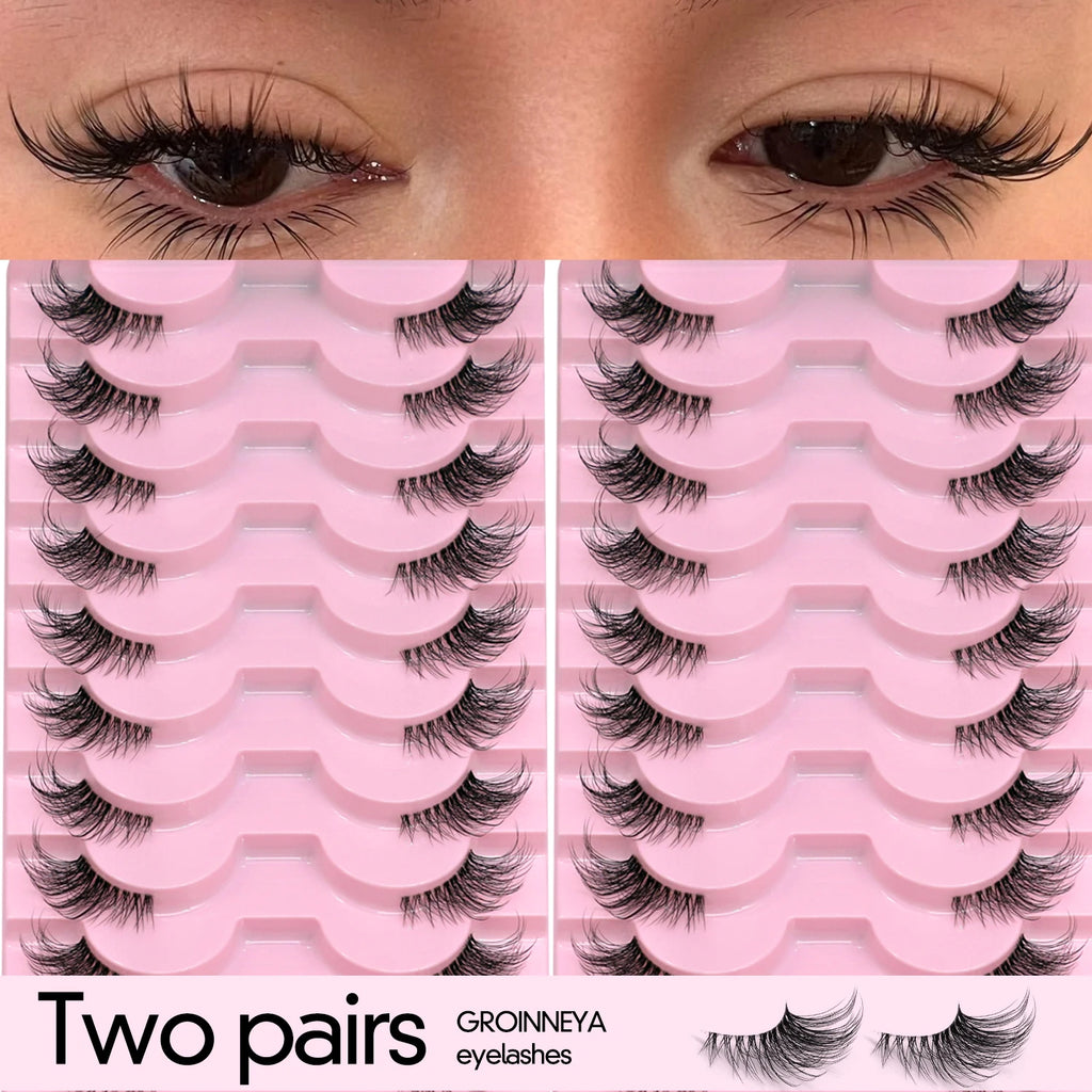 GROINNEYA Two Boxs Half Eyelashes Natural Fluffy Cat Eye Lashes Soft Wispy Faux Mink Lashes Winged End Eye Elongated Eyelashes