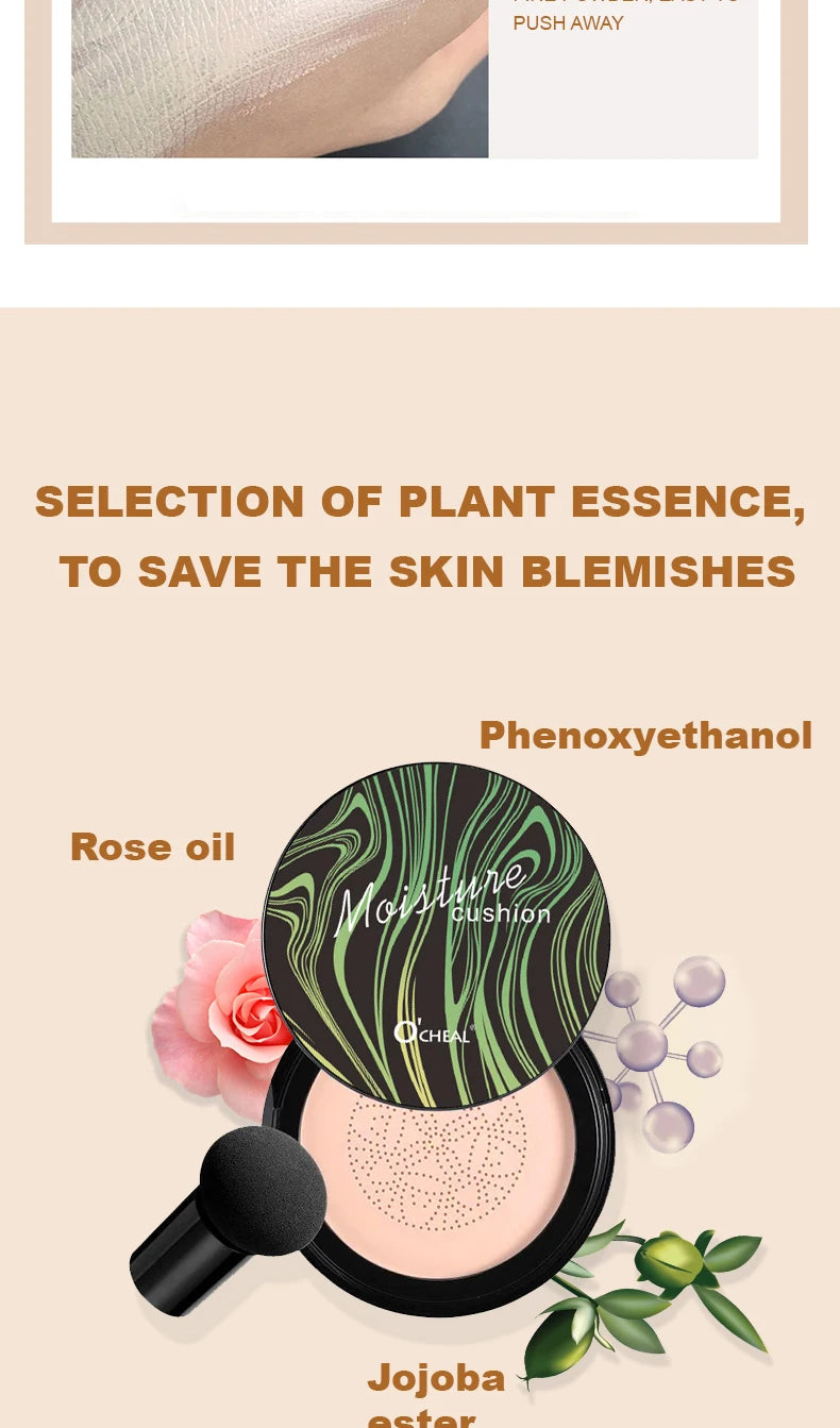 Ocheal BB Cream Air Cushion Compact Make Up Foundation Concealer Cream for Face Cosmetics Makeup Mushroom Head Puff