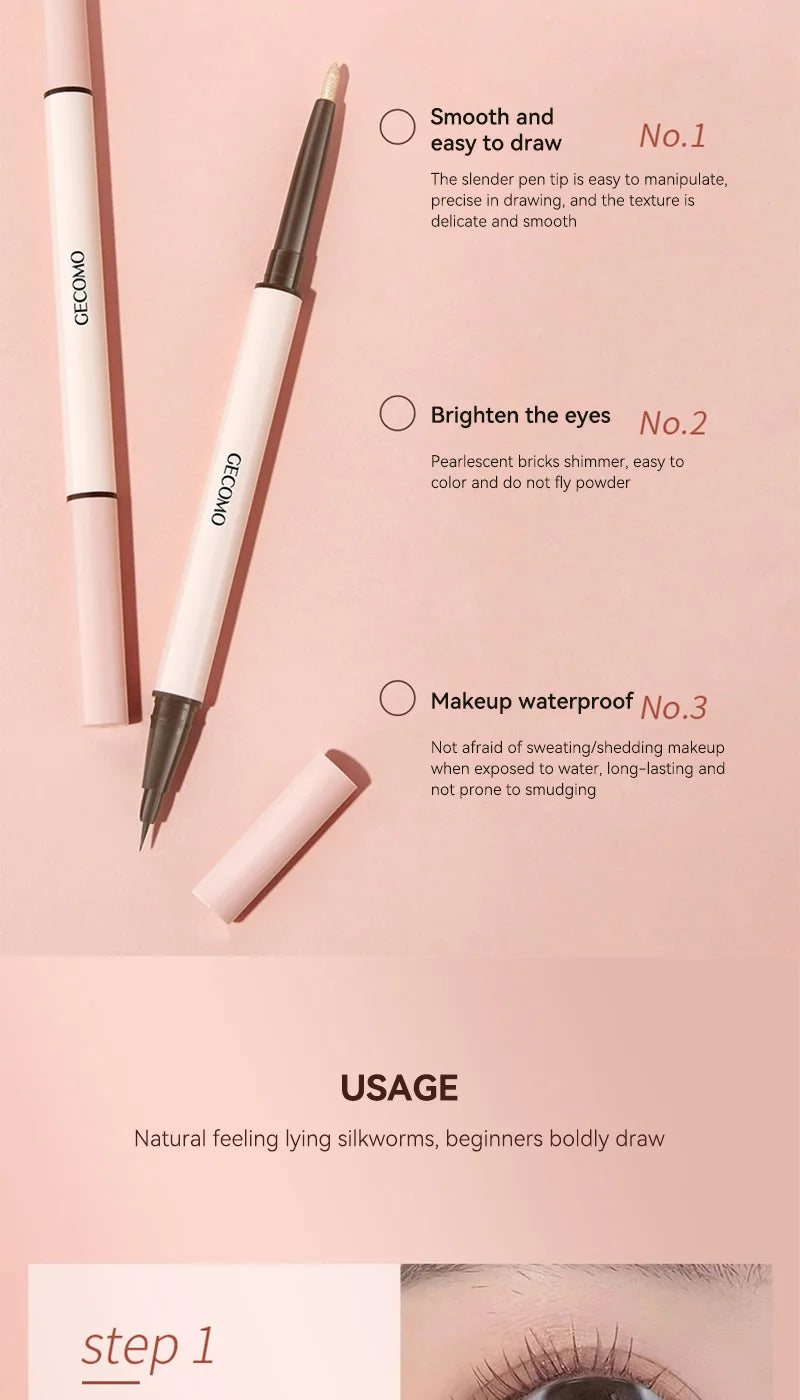 GECOMO 3D star eye double head silkworm pen, keep makeup lasting, waterproof and not easy to stain, brighten