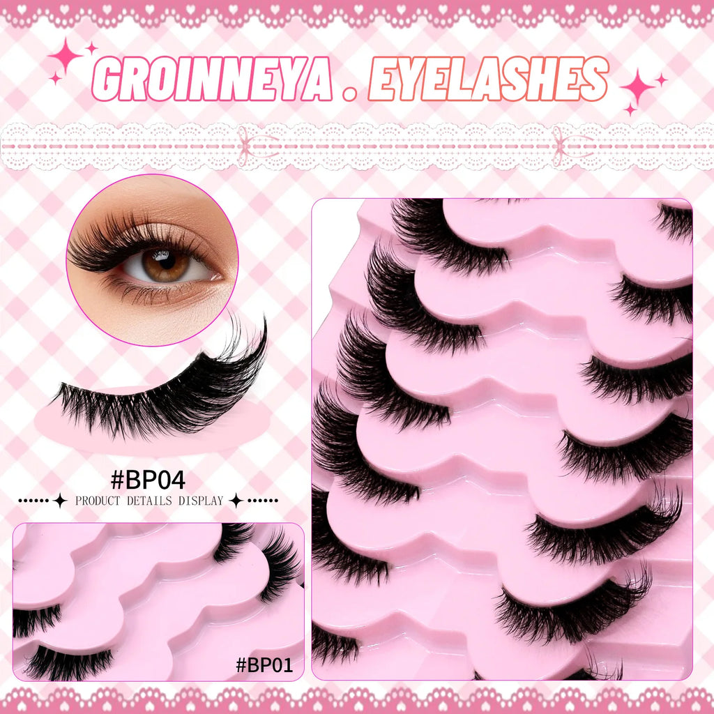 GROINNEYA Half Lashes Natural Fake Lashes Wispy Cat Eye Lashes Clear Band Accent Short False Eyelashes Make up