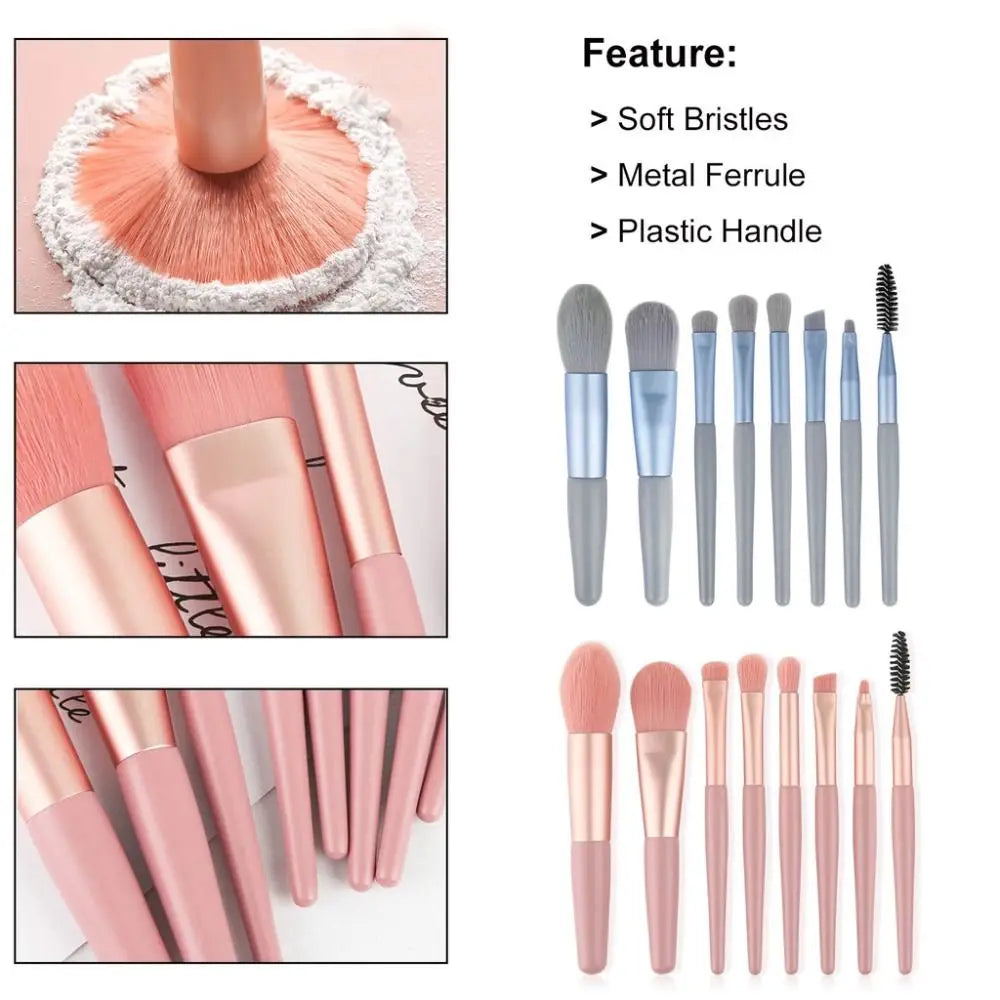 Set of 8 Soft Bristle Make Up Brushes Premium Synthetic With Bag Eyeshadow Brush Eye Facial Beauty Foundation Brush