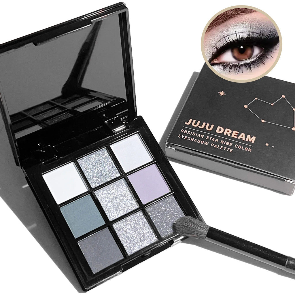 9-shade eyeshadow palette: Black Swan, Smoky, Dark Black, Grey Silver Glitter, Matte Finish, Long-lasting, and easy to color