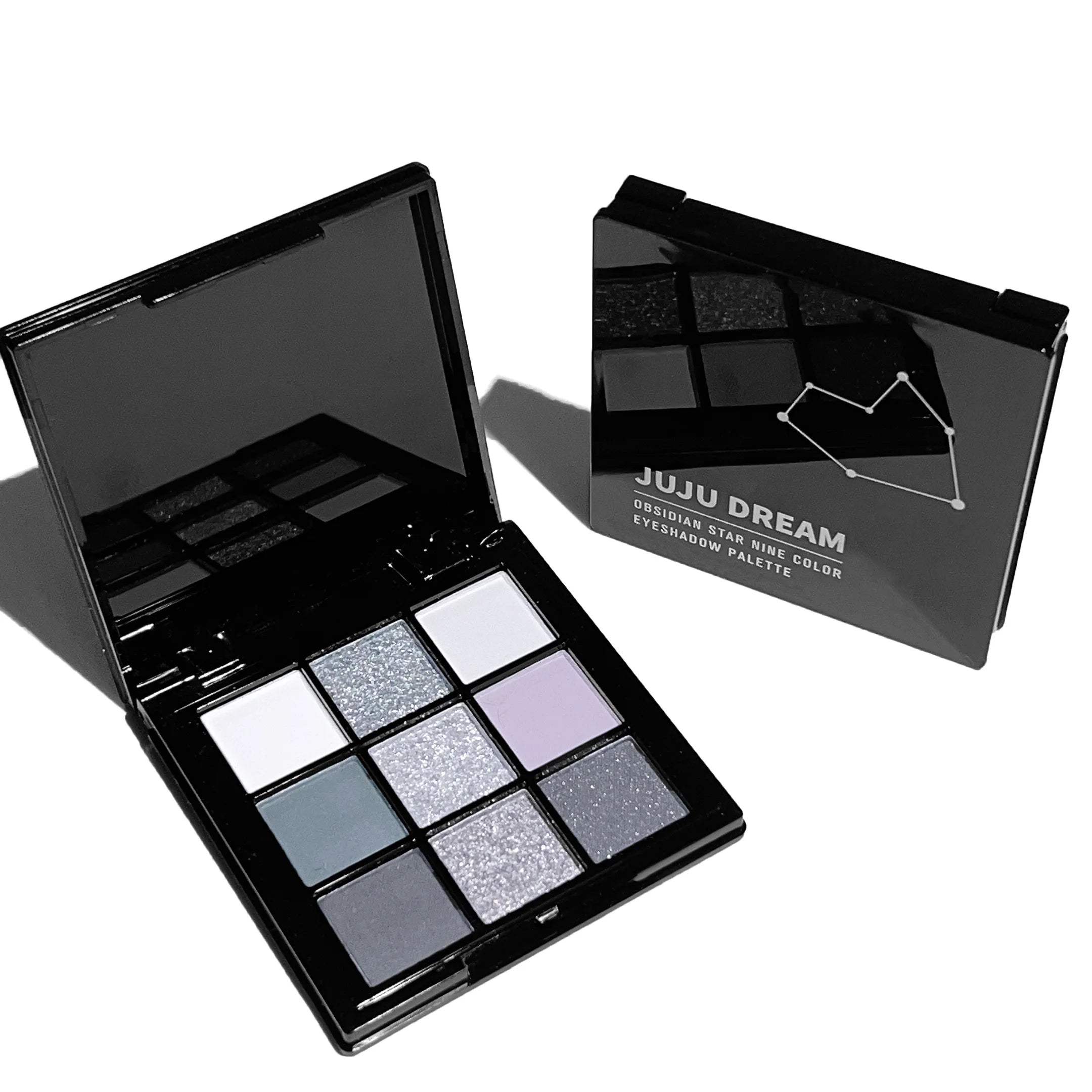 9-shade eyeshadow palette: Black Swan, Smoky, Dark Black, Grey Silver Glitter, Matte Finish, Long-lasting, and easy to color