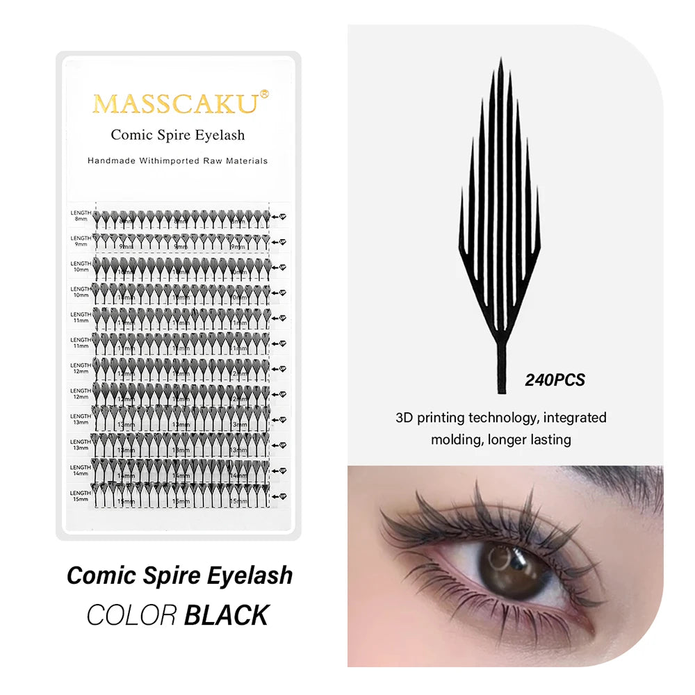 MASSCAKU 0.05mm Thickness Synthetic Mink Manga Anime Comic Spire Lashes 8-15mm Mix Length Feather Shape False Eyelash Bundles