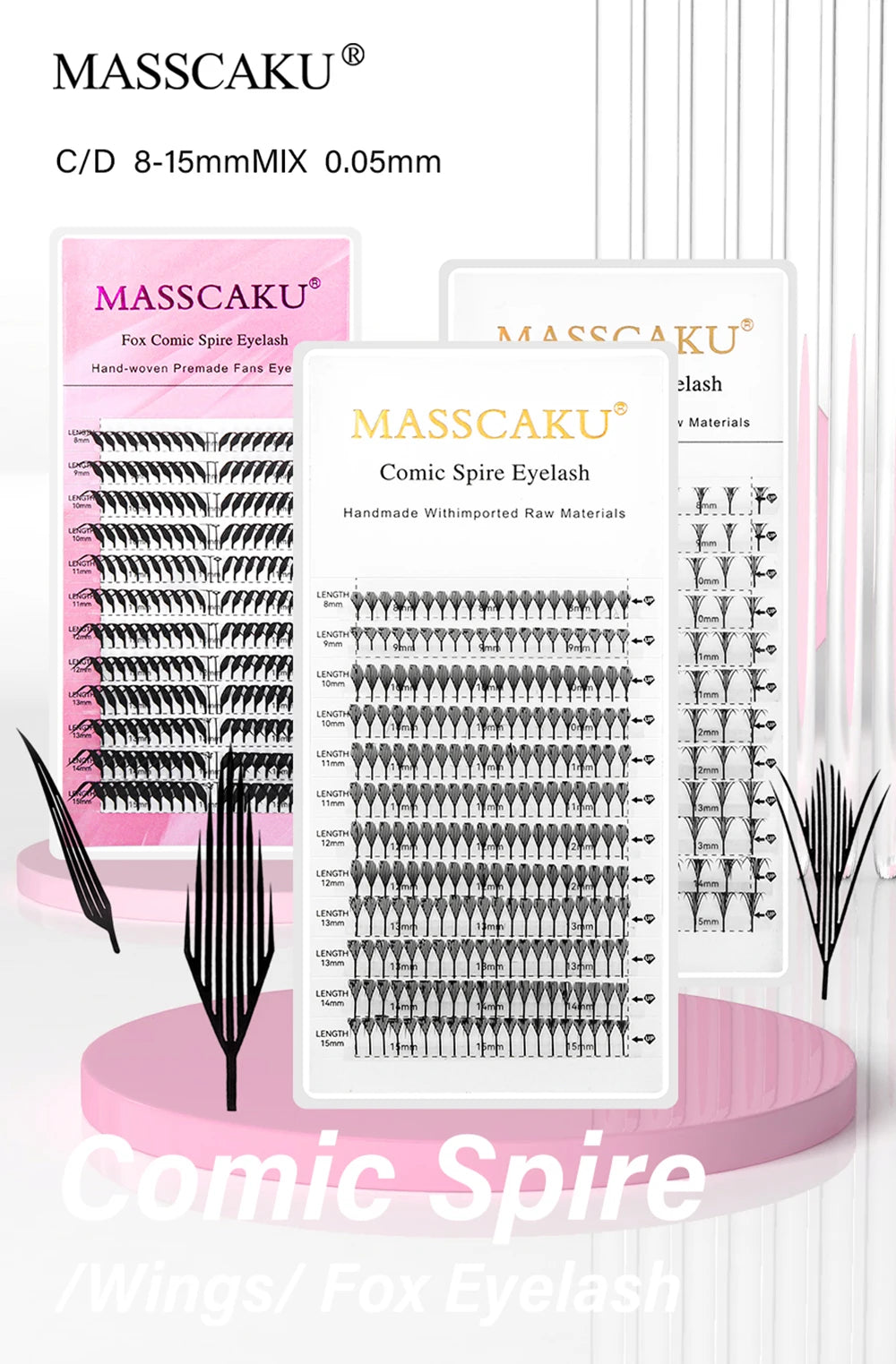 MASSCAKU 0.05mm Thickness Synthetic Mink Manga Anime Comic Spire Lashes 8-15mm Mix Length Feather Shape False Eyelash Bundles