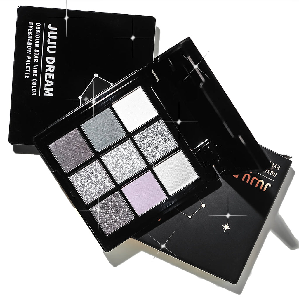 9-shade eyeshadow palette: Black Swan, Smoky, Dark Black, Grey Silver Glitter, Matte Finish, Long-lasting, and easy to color