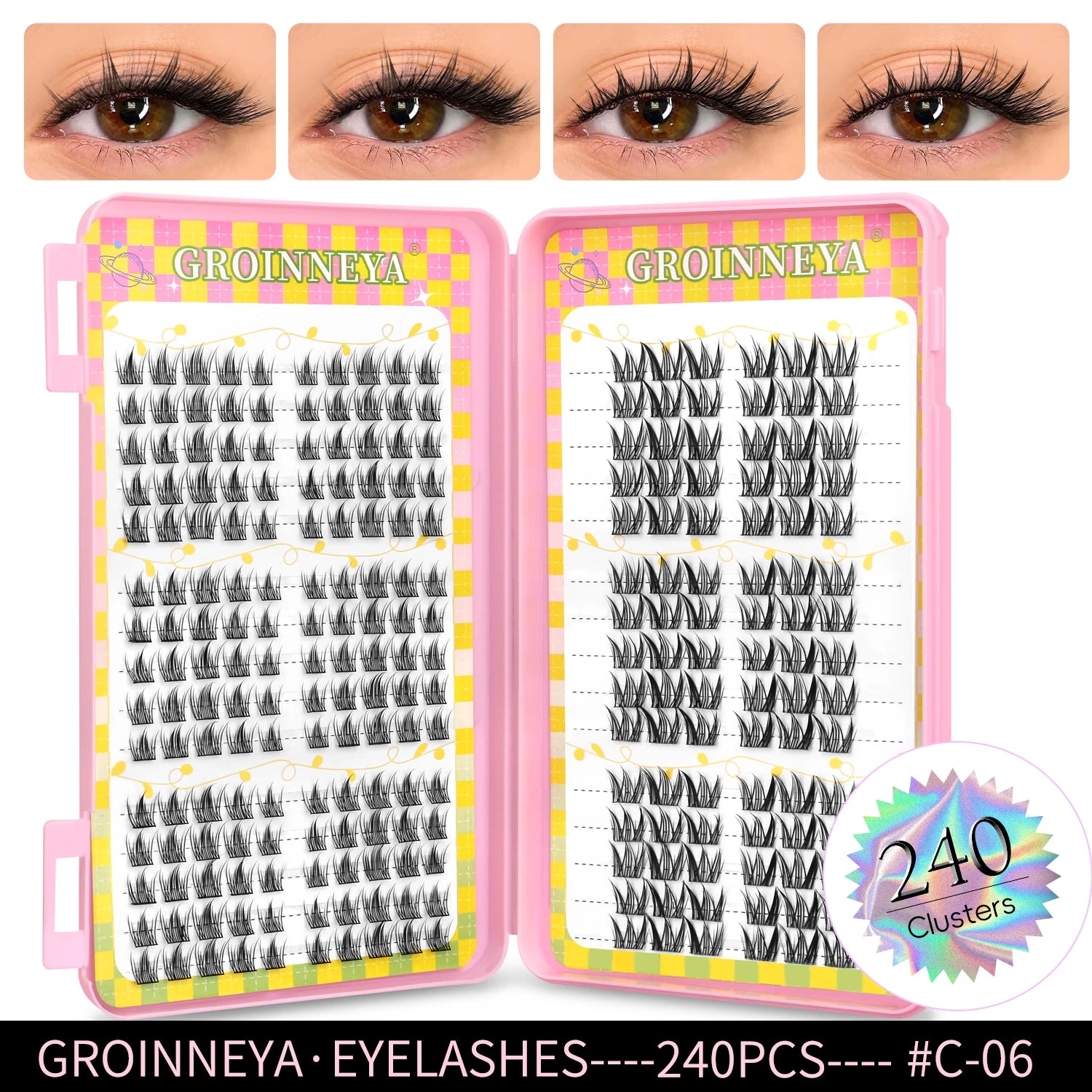 GROINNEYA Eyelashes Clusters 320 pcs Natural Eyelash extension Cluster Lashes Volume Mixed Tray Lashes Cluster Natural Lashes