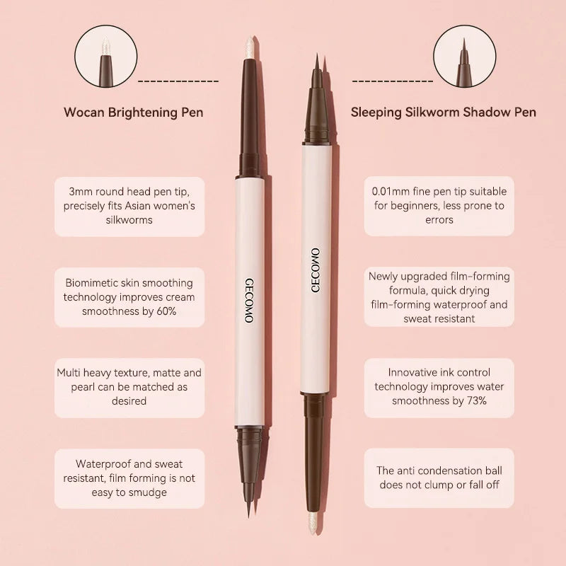 GECOMO 3D star eye double head silkworm pen, keep makeup lasting, waterproof and not easy to stain, brighten