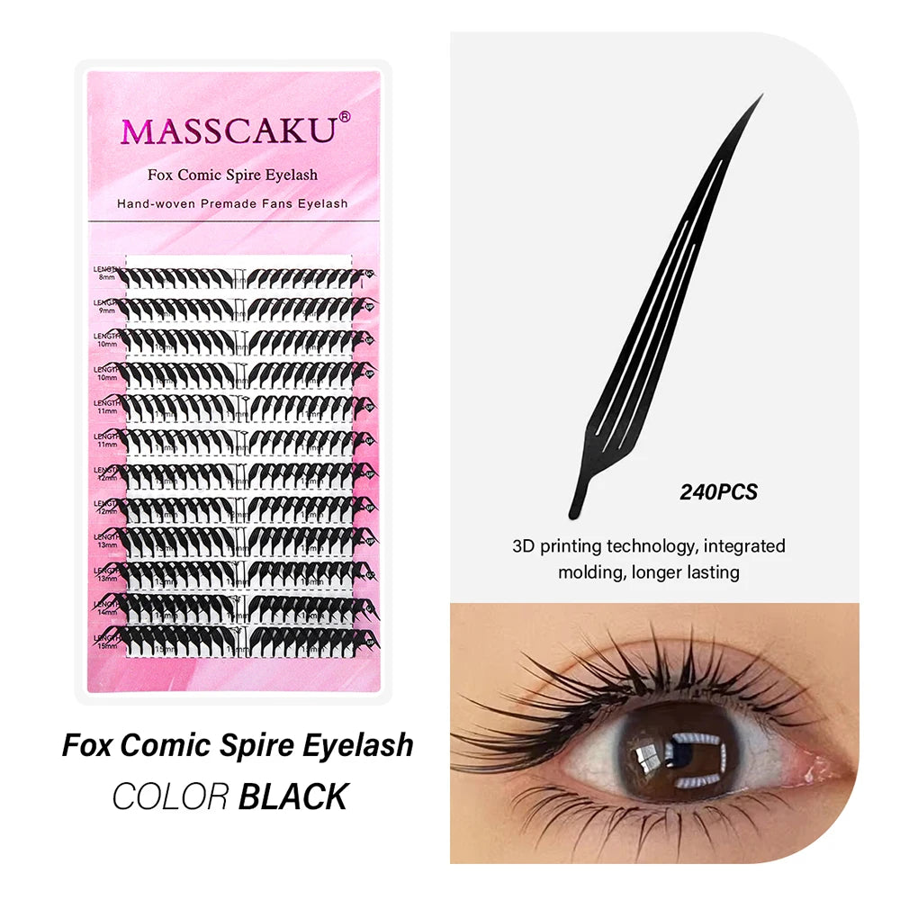 MASSCAKU 0.05mm Thickness Synthetic Mink Manga Anime Comic Spire Lashes 8-15mm Mix Length Feather Shape False Eyelash Bundles