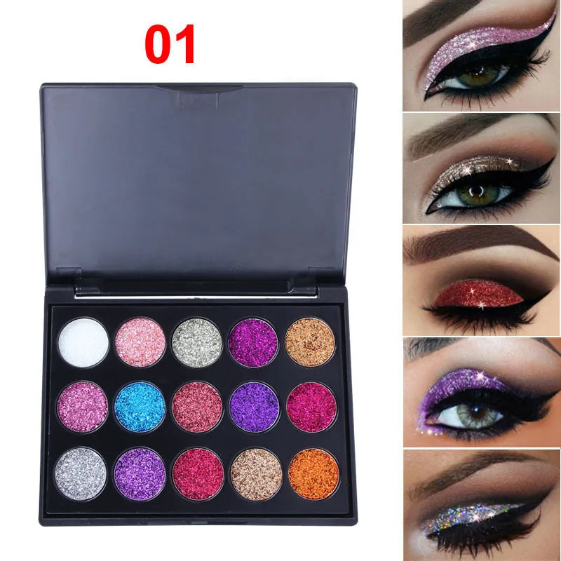 CmaaDu 15 Colors Gold Scallion Powder Diamond Glitter Eyeshadow Tray Shimmering Dazzling Universal Waterproof Easy to Color