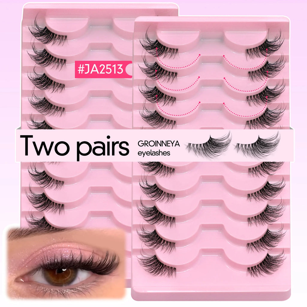 GROINNEYA Two Boxs Half Eyelashes Natural Fluffy Cat Eye Lashes Soft Wispy Faux Mink Lashes Winged End Eye Elongated Eyelashes