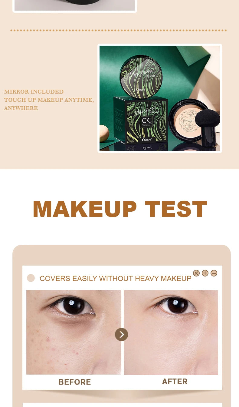 Ocheal BB Cream Air Cushion Compact Make Up Foundation Concealer Cream for Face Cosmetics Makeup Mushroom Head Puff